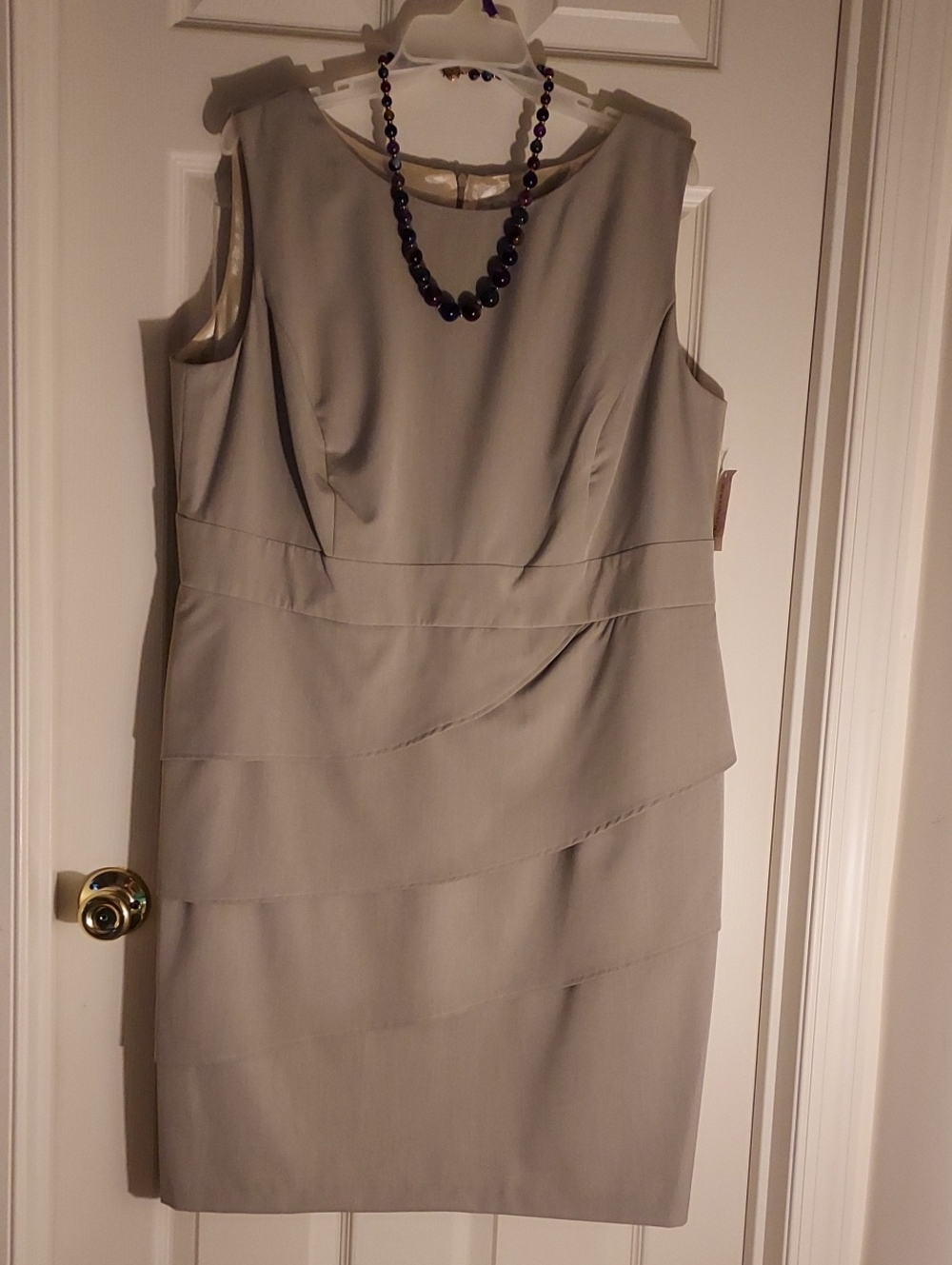 Elegant Sleeveless Layered Sheath Dress - Light Gray. Back Zipper.  42 Inch In L